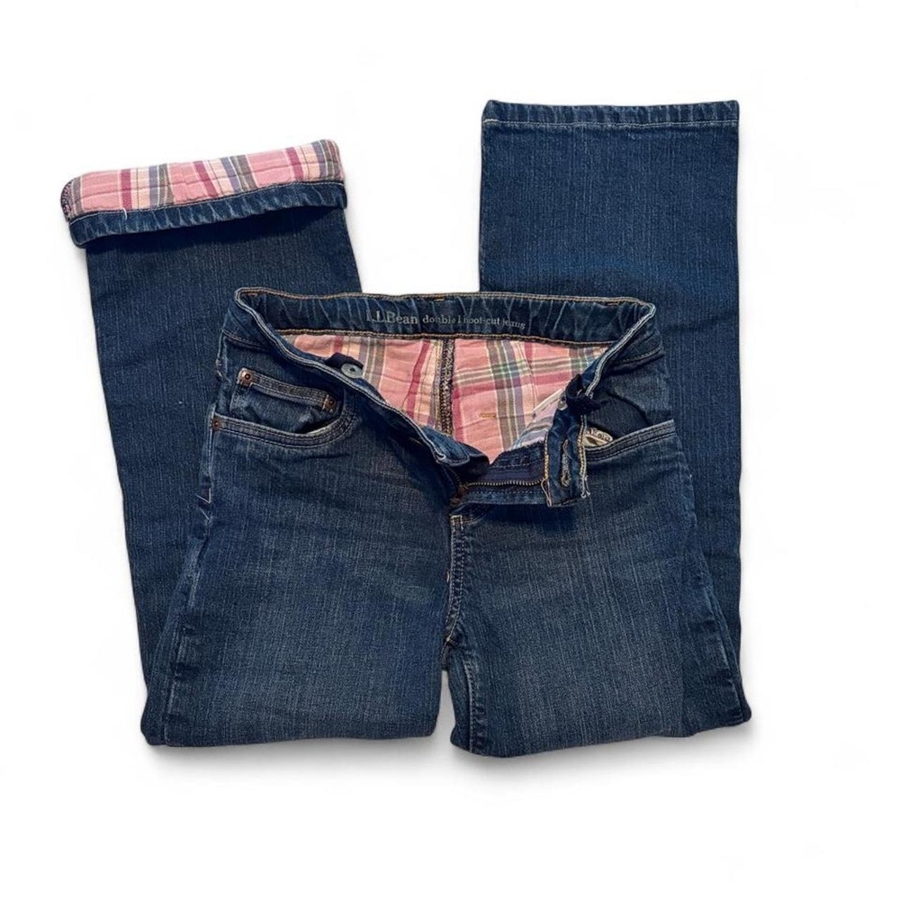 LL Bean Girls 10 Double L Bootcut Jeans Plaid Flannel Lined Blue Denim